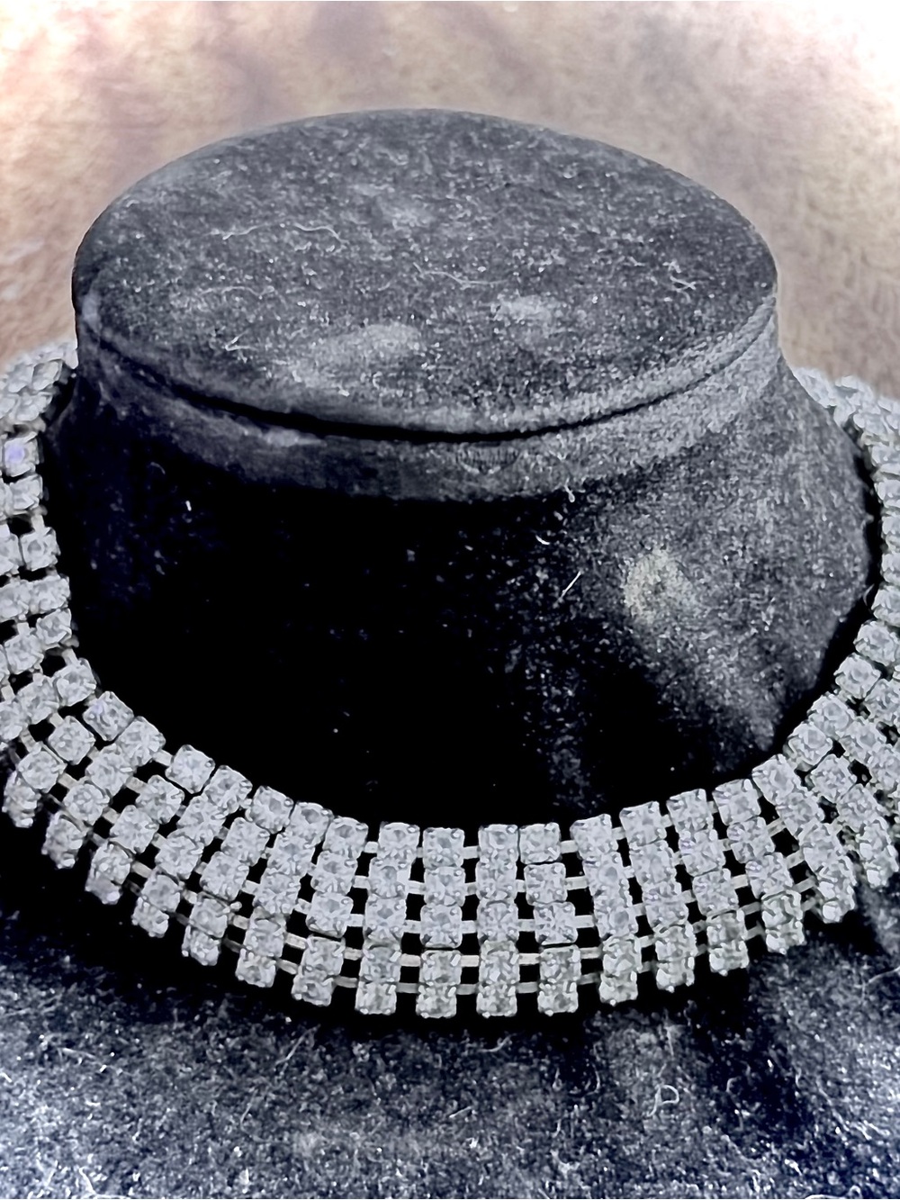 Vintage Silver Crystal Rhodium Plated Multi-Row Choker Necklace